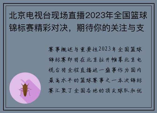 北京电视台现场直播2023年全国篮球锦标赛精彩对决，期待你的关注与支持