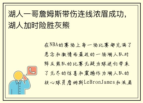 湖人一哥詹姆斯带伤连线浓眉成功，湖人加时险胜灰熊