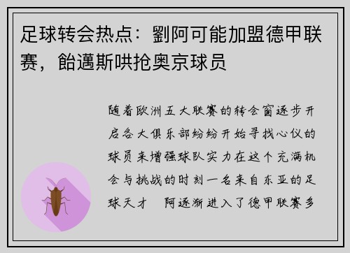 足球转会热点：劉阿可能加盟德甲联赛，飴邁斯哄抢奥京球员